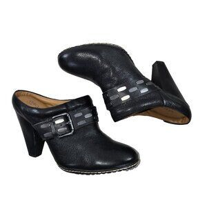Euro Soft Womens Black Leather Mules Clogs Sz 10M Block 3 in Heel Buckle Strap